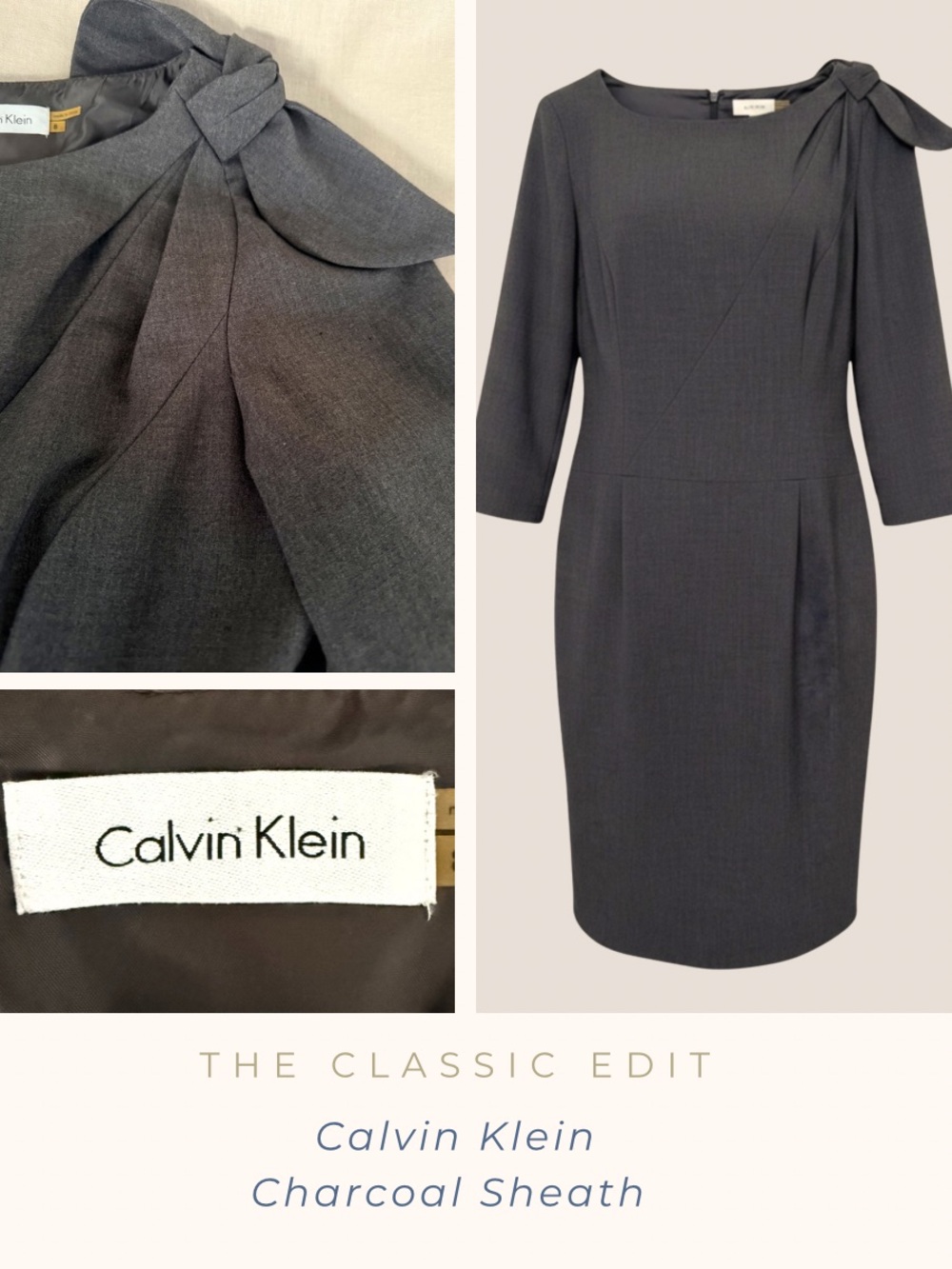Calvin Klein | Charcoal 3/4 Sleeve Sheath Dress | Shoulder Knot Detail | Lined